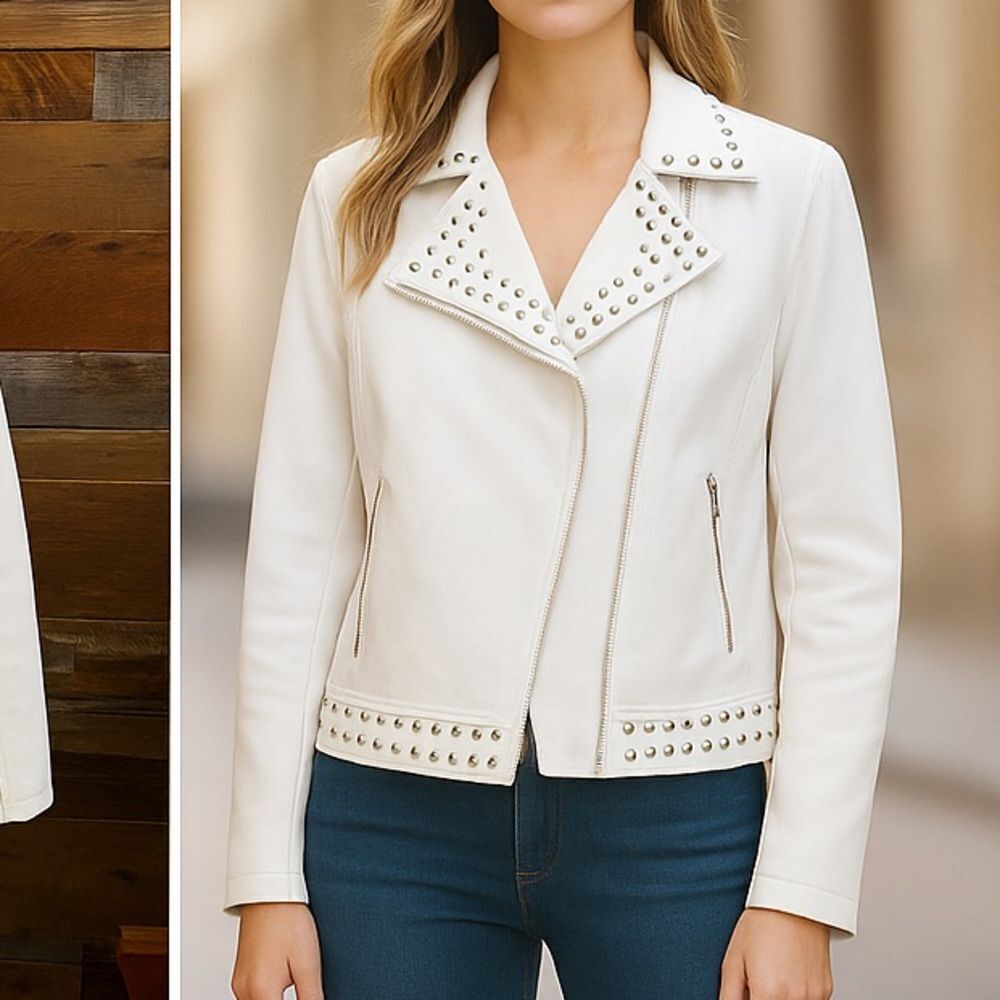 🖤 New York & Company White Studded Faux Leather Lined Moto Jacket - Size XS 🖤
